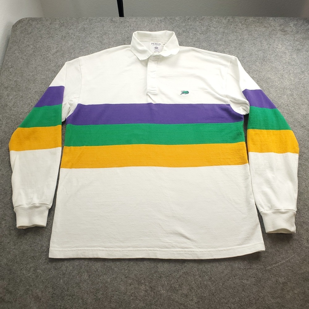 Perlis Mardi Gras Rugby Shirt Mens Medium White Striped VTG Made in USA